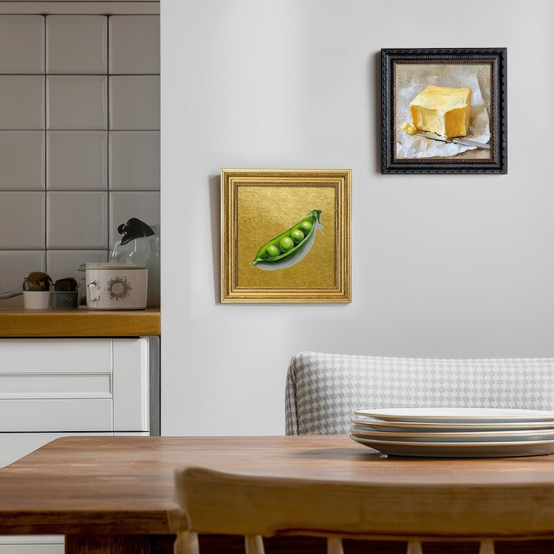 Still Life Pea Pod Oil Painting: Kitchen Wall Art Decor, 5X5 Housewarming Gift