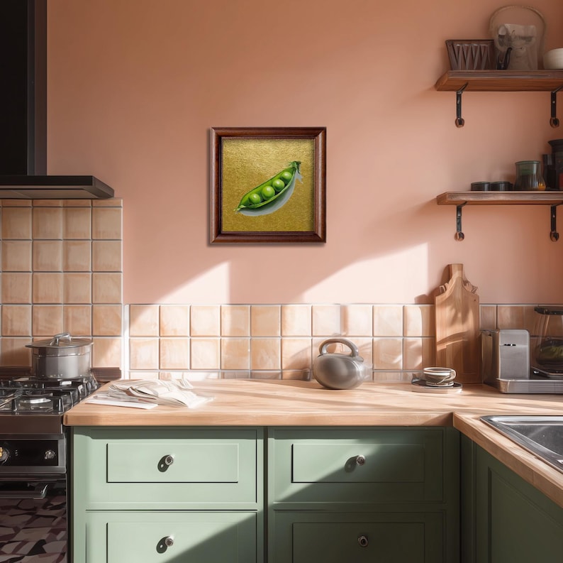 Still Life Pea Pod Oil Painting: Kitchen Wall Art Decor, 5X5 Housewarming Gift