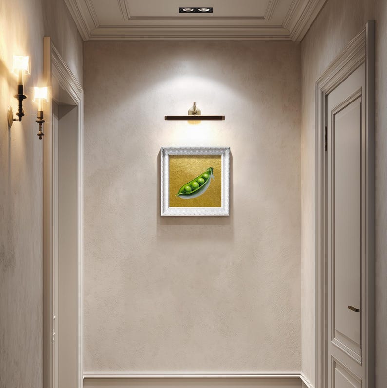Still Life Pea Pod Oil Painting: Kitchen Wall Art Decor, 5X5 Housewarming Gift