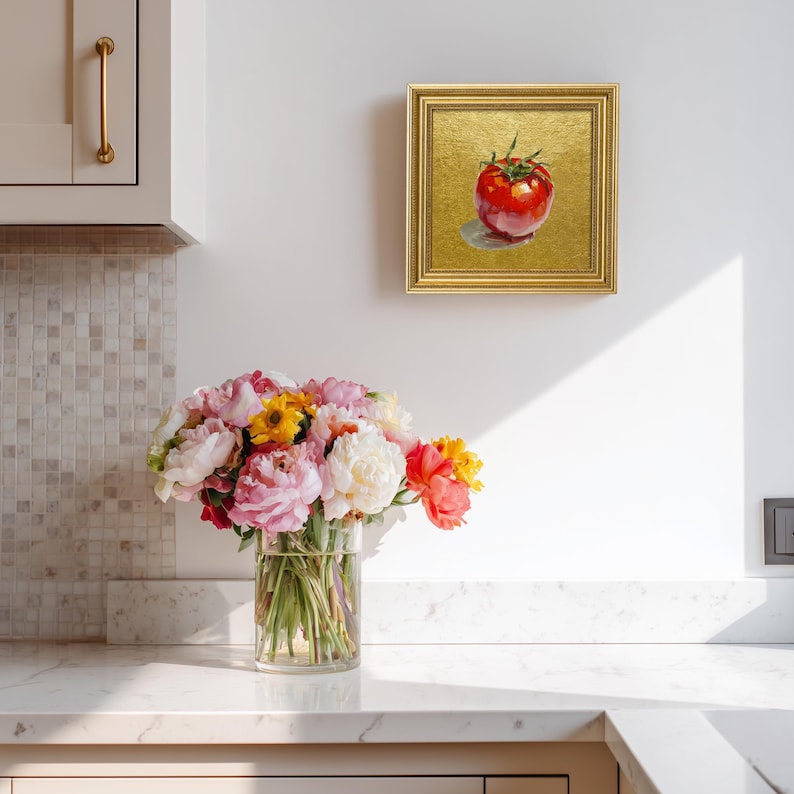 Still Life Tomato Oil Painting: Kitchen Wall Art Decor, 5X5 Housewarming Gift