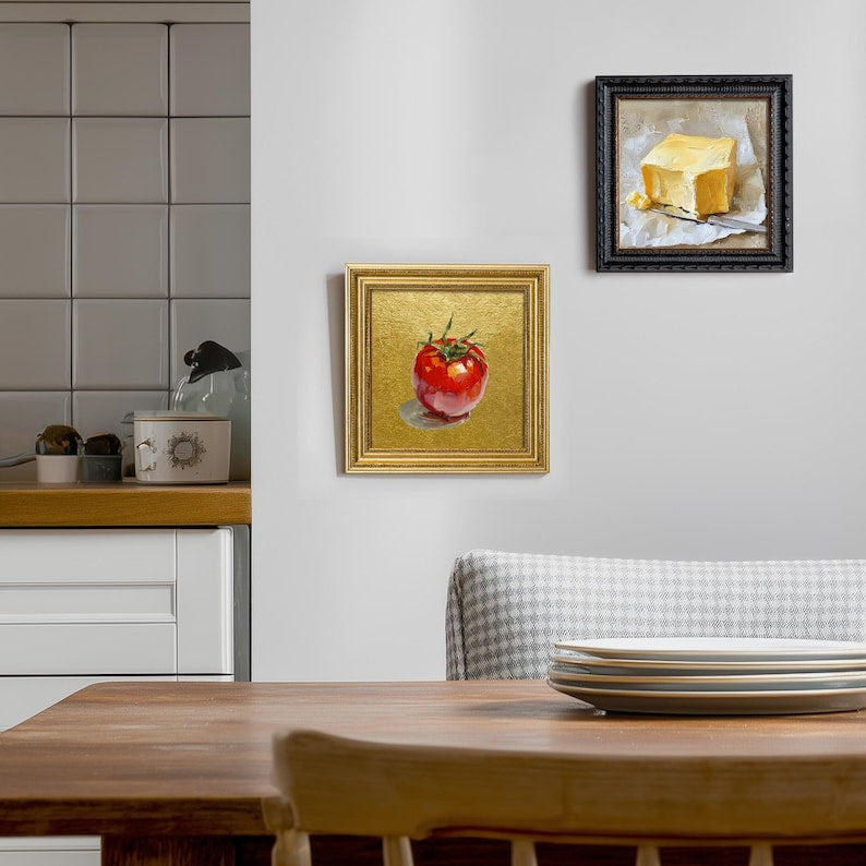 Still Life Tomato Oil Painting: Kitchen Wall Art Decor, 5X5 Housewarming Gift
