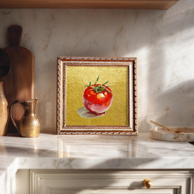 Still Life Tomato Oil Painting: Kitchen Wall Art Decor, 5X5 Housewarming Gift