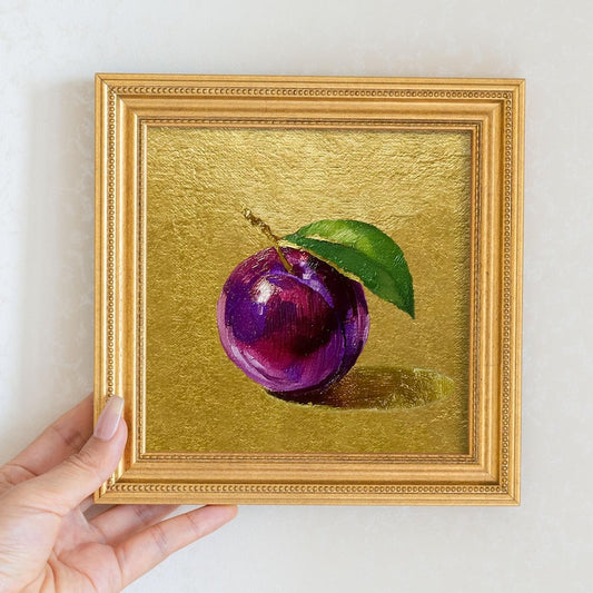 Still Life Plum Oil Painting: Kitchen Wall Art Decor, 5X5 Housewarming Gift