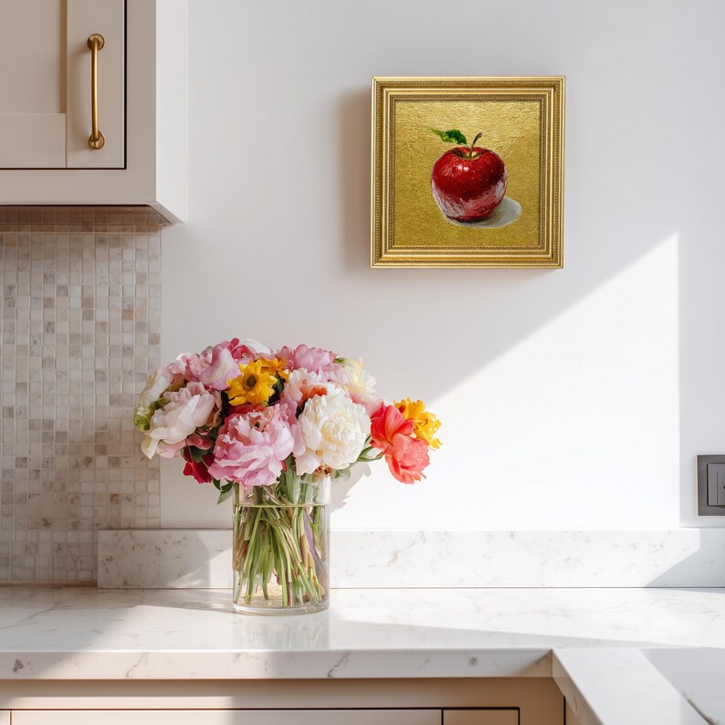 Still Life Apple Gold Leaf Oil Painting: Kitchen Wall Art Decor, 5X5 Housewarming Gift