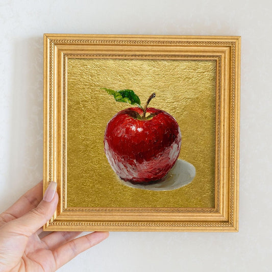 Still Life Apple Gold Leaf Oil Painting: Kitchen Wall Art Decor, 5X5 Housewarming Gift