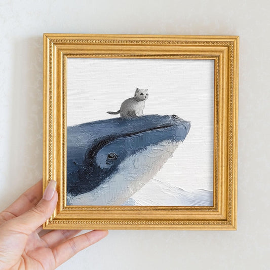 Hand-Painted Cat on Whale Oil Painting: Living Room Wall Art Decor, Kitty Portrait Gift