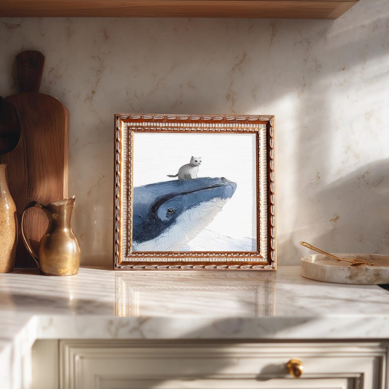 Hand-Painted Cat on Whale Oil Painting: Living Room Wall Art Decor, Kitty Portrait Gift