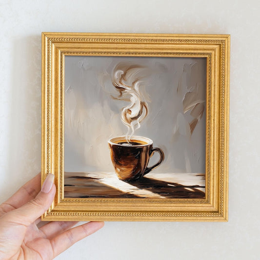 Still Life Coffee Oil Painting: Kitchen Wall Art Decor, 5X5 Housewarming Gift