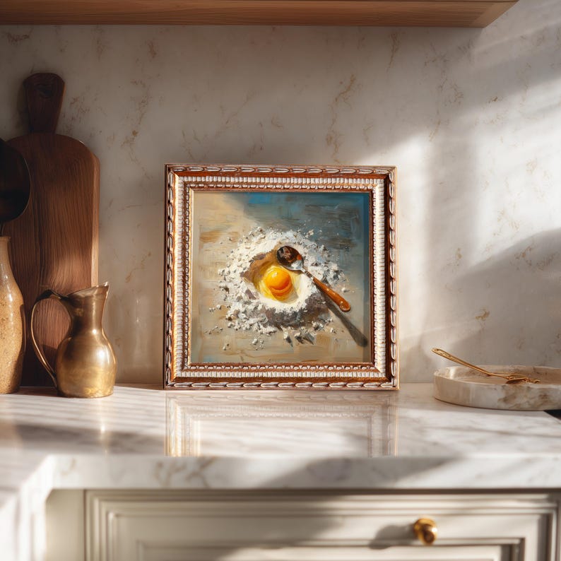 Still Life Egg Yolk with Flour Oil Painting: Kitchen Wall Art Decor, Housewarming Gift