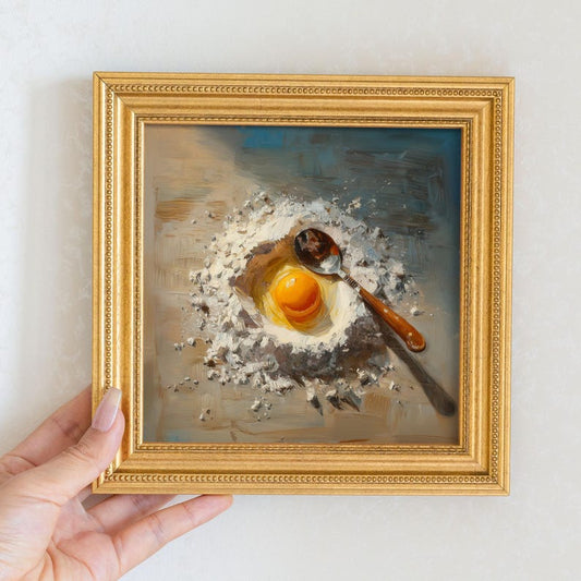 Still Life Egg Yolk with Flour Oil Painting: Kitchen Wall Art Decor, Housewarming Gift