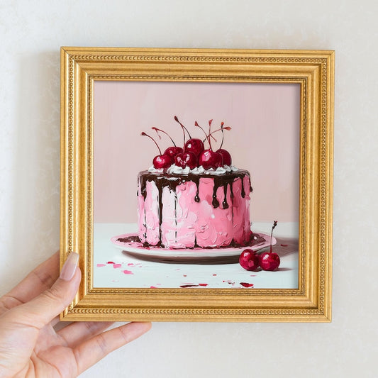 Still Life Cherry Chocolate Cake Oil Painting: Kitchen Wall Art Decor, Housewarming Gift