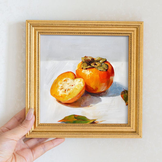 Still Life Persimmons Oil Painting: Kitchen Wall Art Decor, 5X5 Housewarming Gift