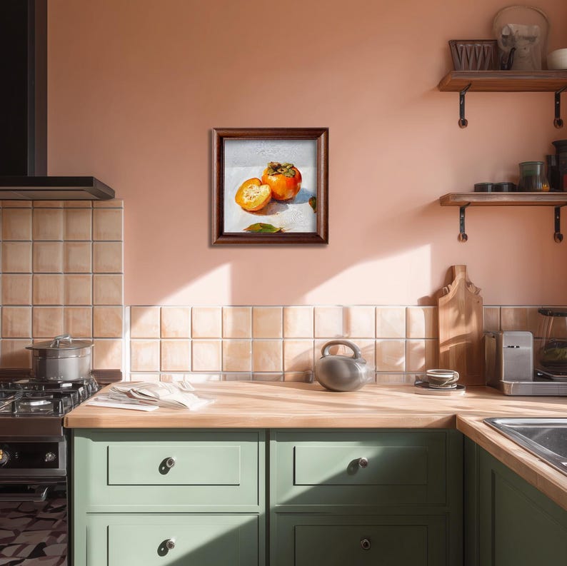 Still Life Persimmons Oil Painting: Kitchen Wall Art Decor, 5X5 Housewarming Gift