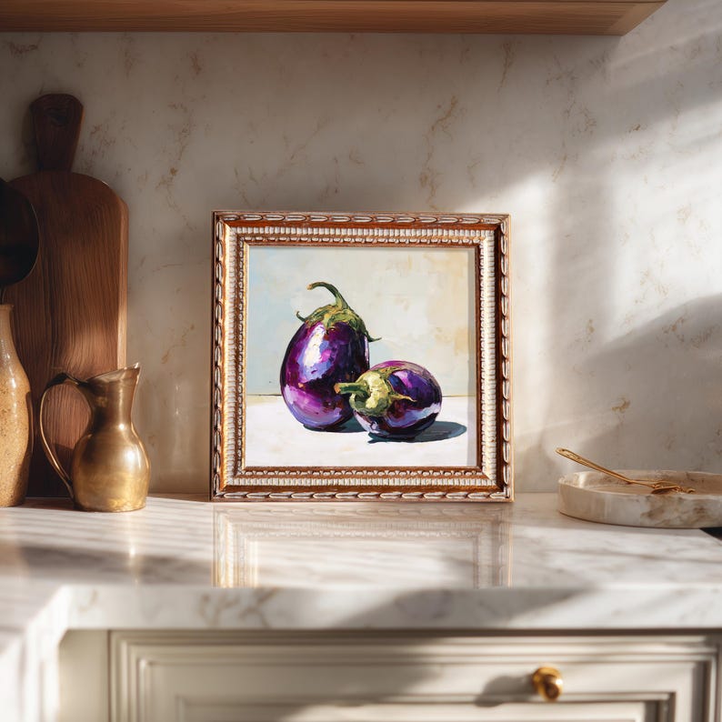 Still Life Eggplants Oil Painting: Kitchen Wall Art Decor, 5X5 Housewarming Gift
