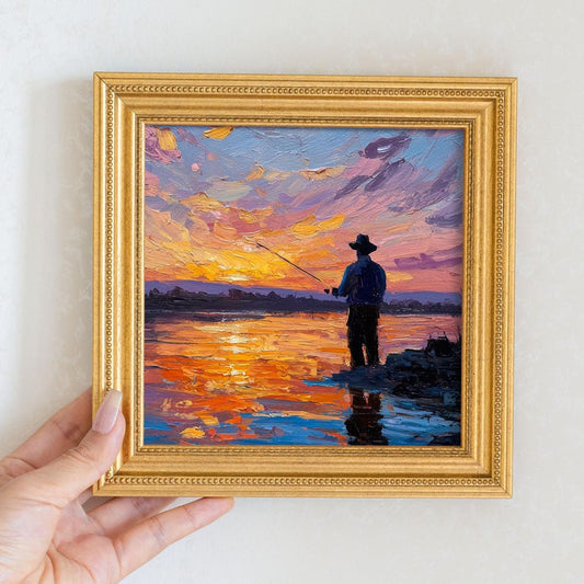 Hand-Painted Sunset Fishing Oil Painting: Living Room Wall Art Decor, 5X5 Fisherman Gift