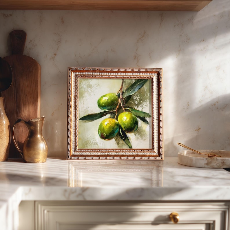 Still Life Olive Oil Painting: Kitchen Wall Art Decor, 5X5 Canvas Artwork Gift