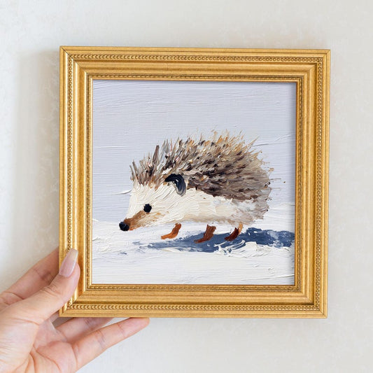 Hand-Painted Hedgehog Oil Painting: Living Room Wall Art Decor, 5X5 Housewarming Gift
