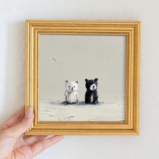 Hand-Painted Two Bears Oil Painting: Living Room Wall Art Decor, 5X5 Housewarming Gift