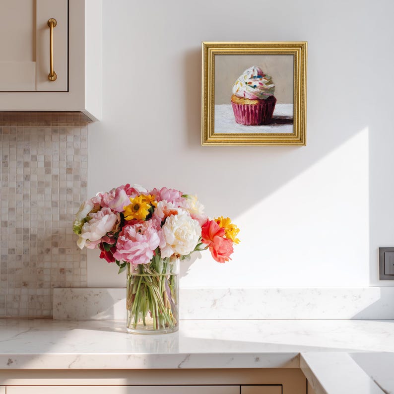 Still Life Cupcake Oil Painting: Kitchen Wall Art Decor, 5x5 Housewarming Gift