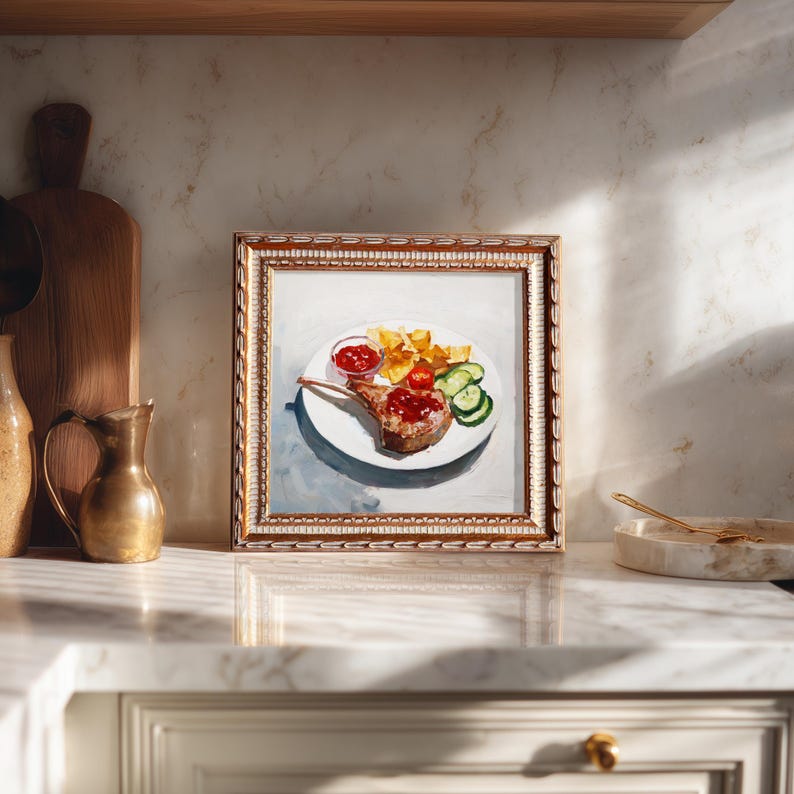 Still Life Steak Meal Oil Painting: Kitchen Wall Art Decor, 5X5 Housewarming Gift
