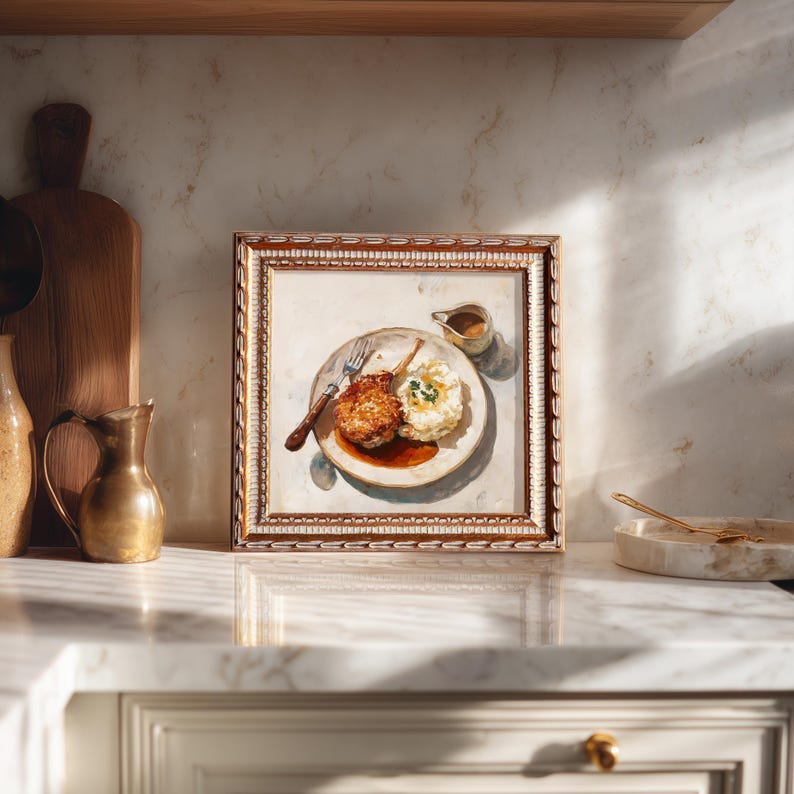 Still Life Lamb Cutlet Oil Painting: Kitchen Wall Art Decor, 5X5 Housewarming Gift