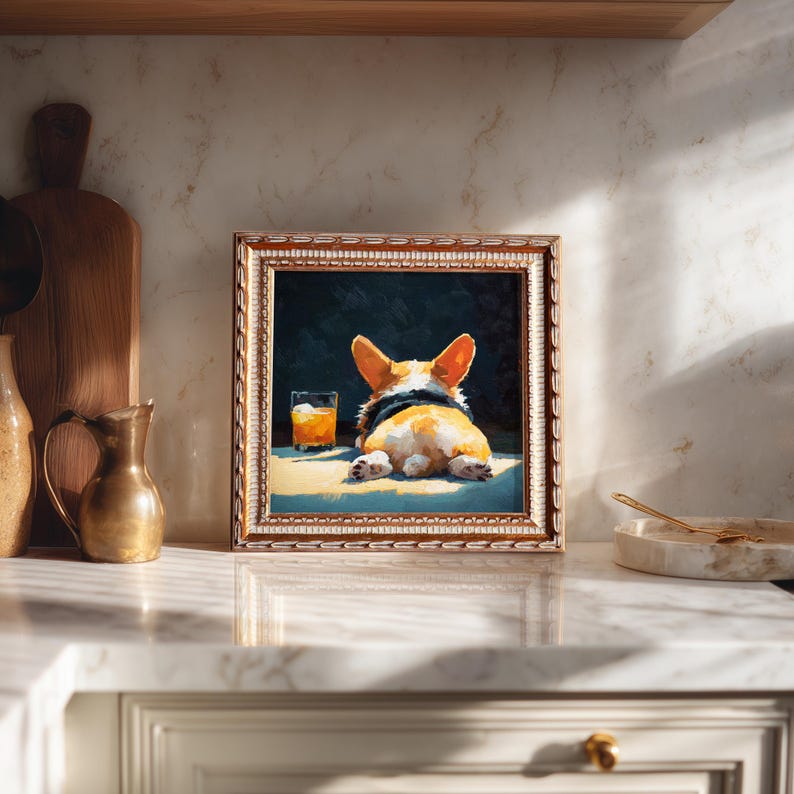 Mini Corgi Oil Painting in Gold Frame, Hand-Painted Puppy Wall Art for Home, Office, Bar & Gift for Dog Lovers and Pet Lovers