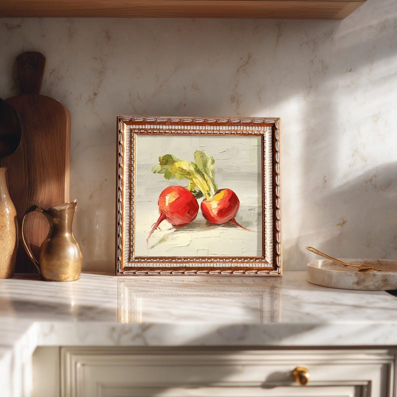Mini Radish Oil Painting in Gold Frame: Rustic Kitchen Wall Art