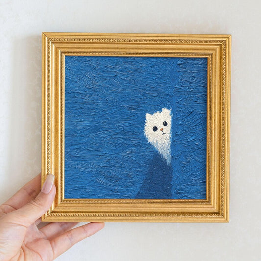 Hand-Painted Peeking Cat Oil Painting: Living Room Wall Art Decor, Kitty Portrait Gift