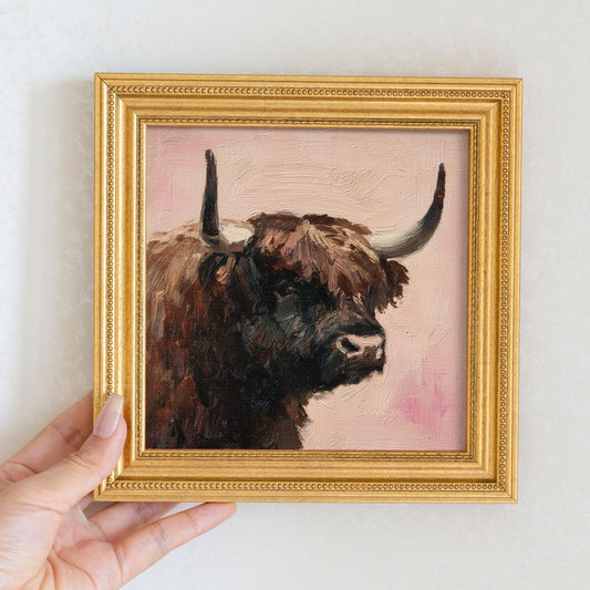 Hand-Painted Highland Cow Oil Painting: Living Room Wall Art Decor, 5X5 Housewarming Gift