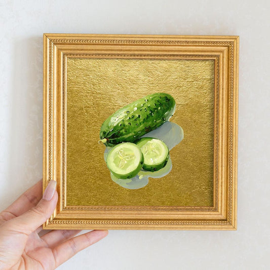 Still Life Cucumber Oil Painting: Kitchen Wall Art Decor, 5X5 Housewarming Gift