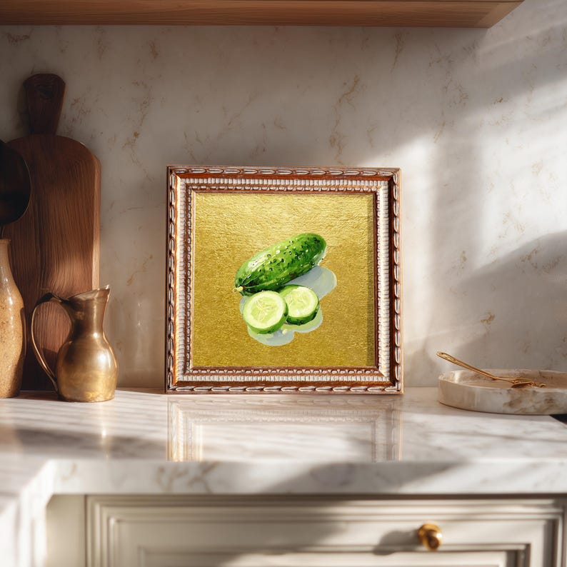 Still Life Cucumber Oil Painting: Kitchen Wall Art Decor, 5X5 Housewarming Gift
