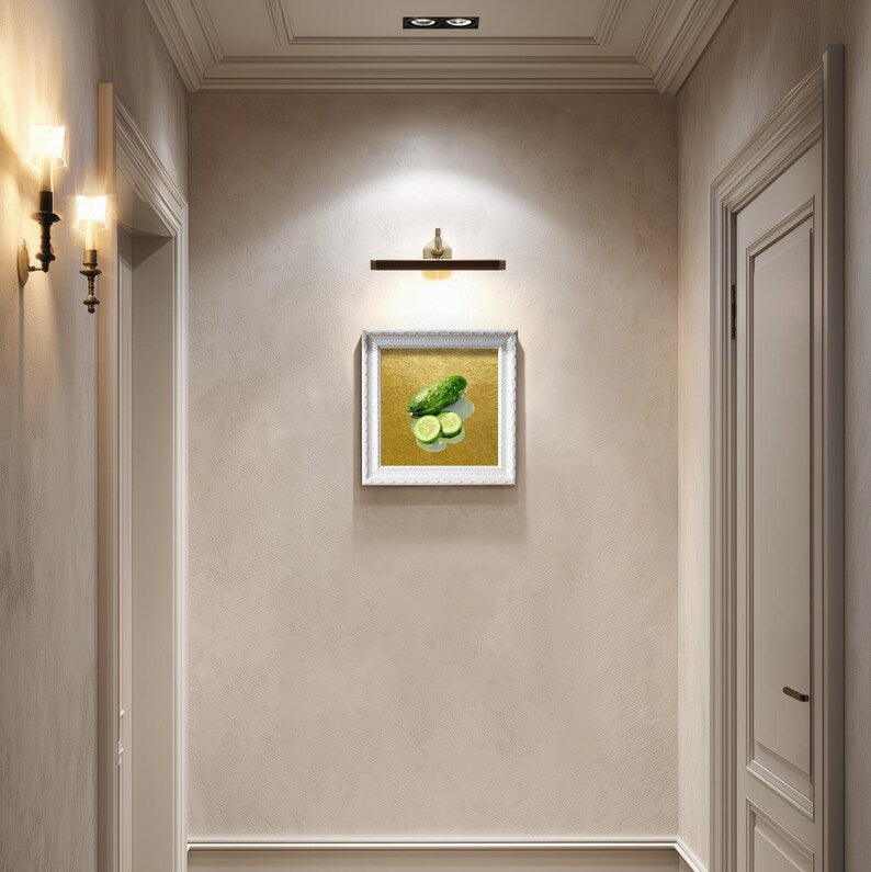 Still Life Cucumber Oil Painting: Kitchen Wall Art Decor, 5X5 Housewarming Gift