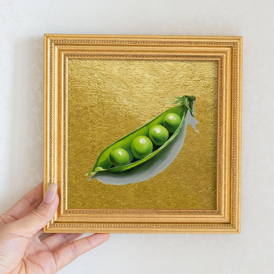 Still Life Pea Pod Oil Painting: Kitchen Wall Art Decor, 5X5 Housewarming Gift