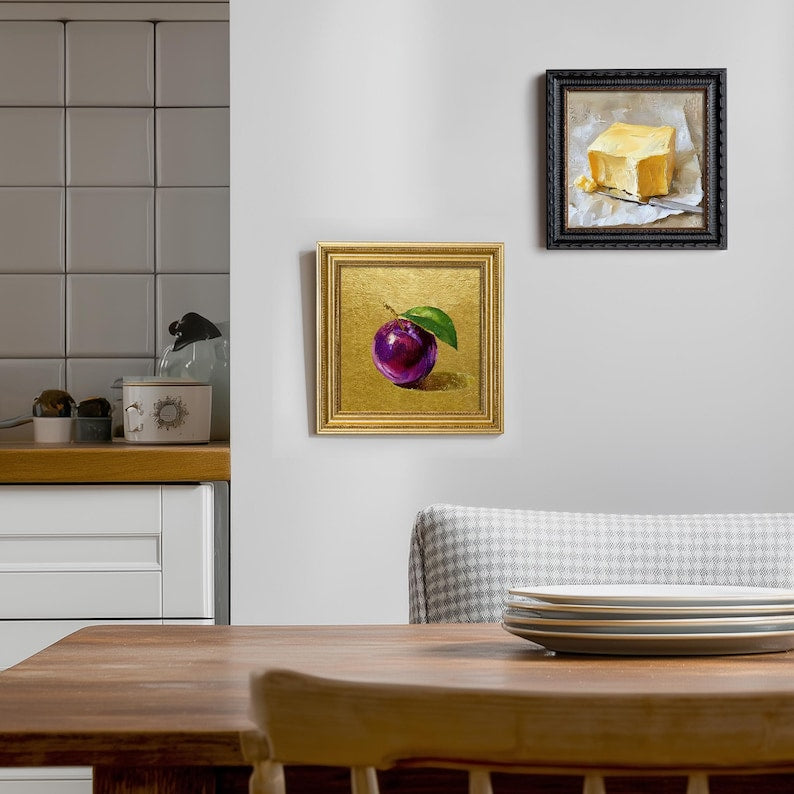 Still Life Plum Oil Painting: Kitchen Wall Art Decor, 5X5 Housewarming Gift