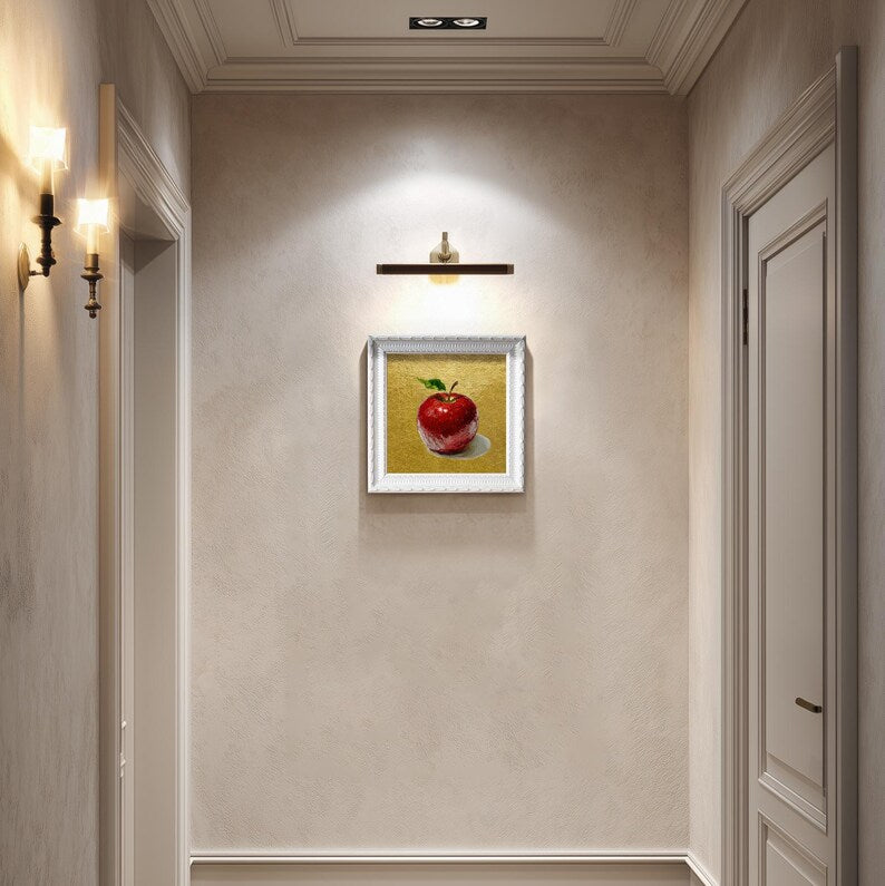 Still Life Apple Gold Leaf Oil Painting: Kitchen Wall Art Decor, 5X5 Housewarming Gift