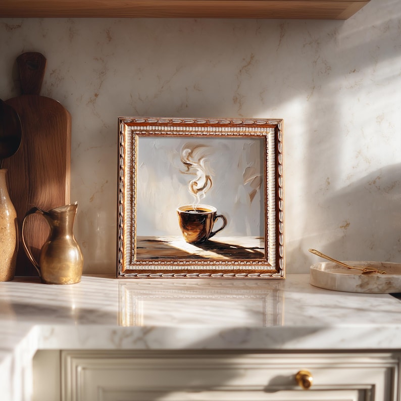 Still Life Coffee Oil Painting: Kitchen Wall Art Decor, 5X5 Housewarming Gift