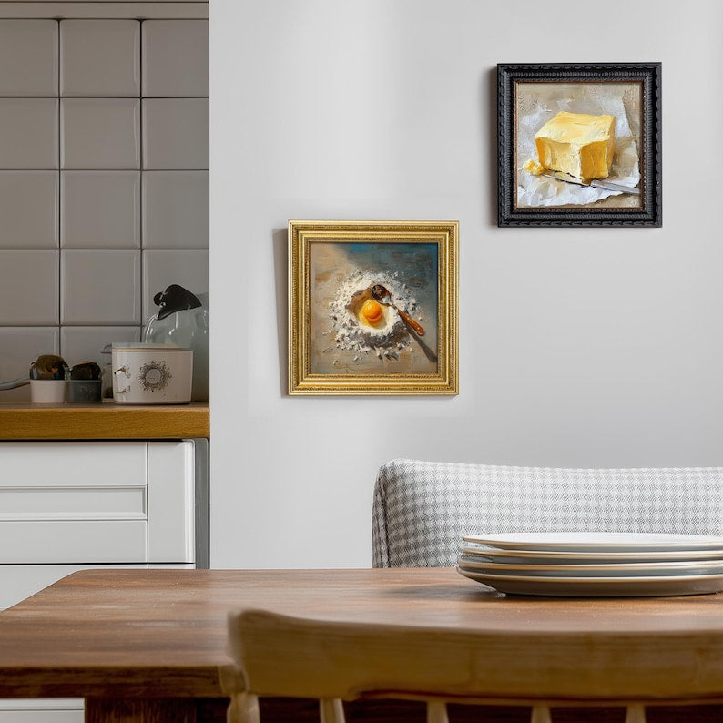 Still Life Egg Yolk with Flour Oil Painting: Kitchen Wall Art Decor, Housewarming Gift