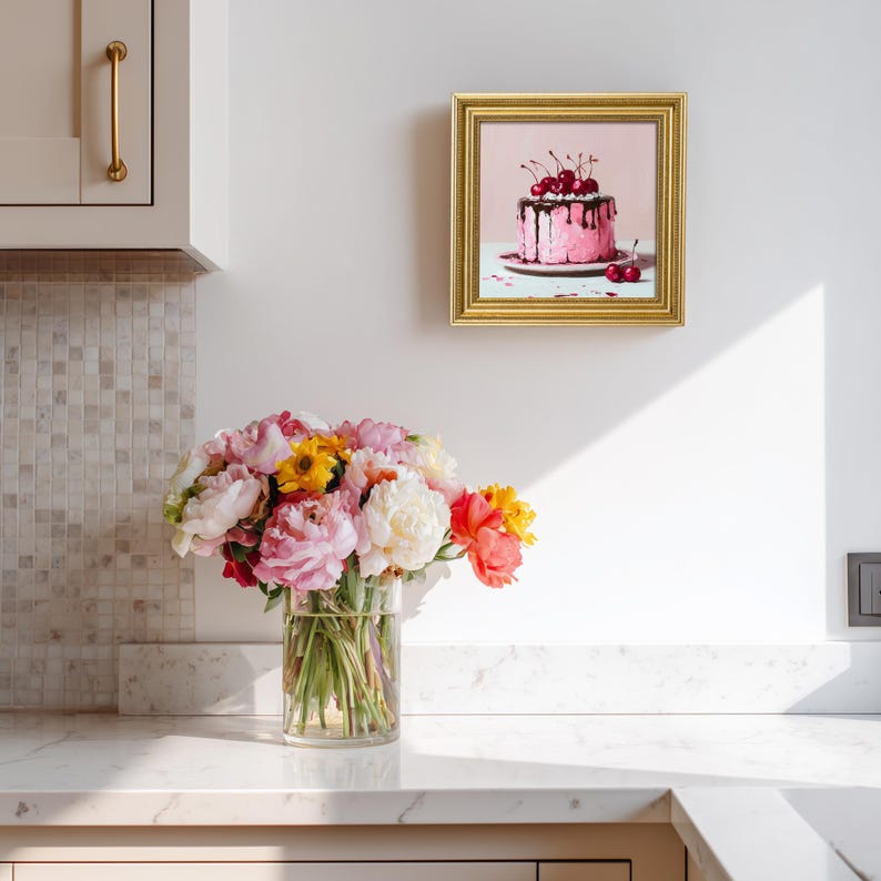 Still Life Cherry Chocolate Cake Oil Painting: Kitchen Wall Art Decor, Housewarming Gift