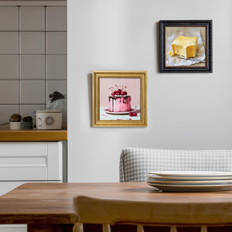 Still Life Cherry Chocolate Cake Oil Painting: Kitchen Wall Art Decor, Housewarming Gift