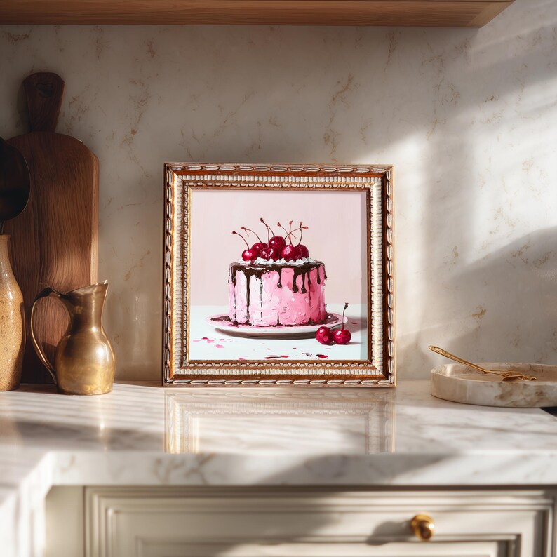 Still Life Cherry Chocolate Cake Oil Painting: Kitchen Wall Art Decor, Housewarming Gift