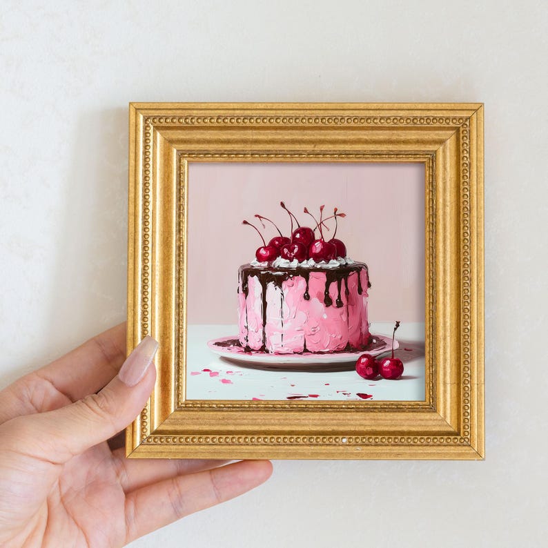 Still Life Cherry Chocolate Cake Oil Painting: Kitchen Wall Art Decor, Housewarming Gift
