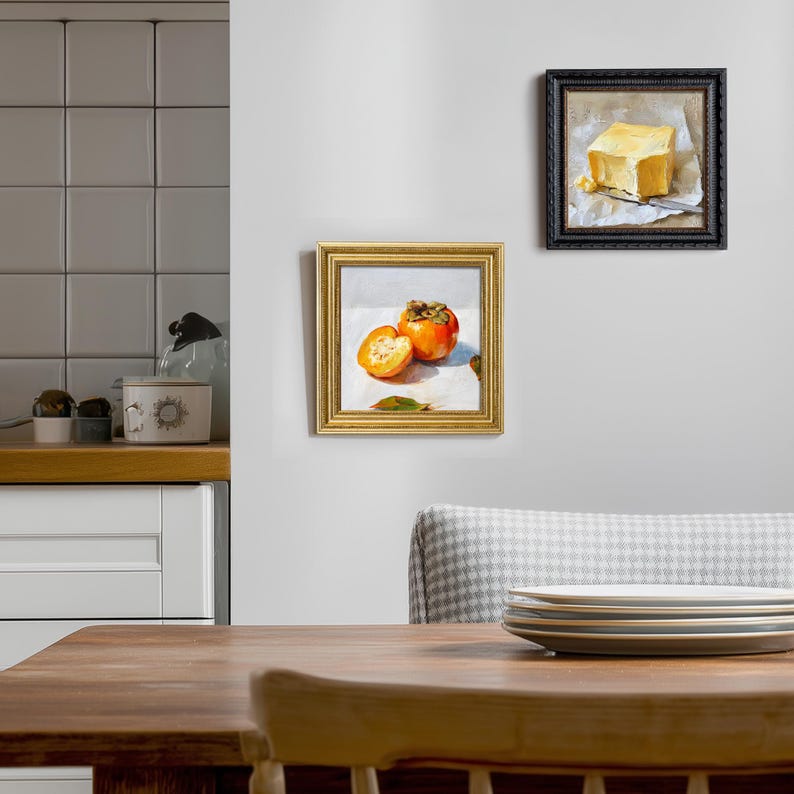Still Life Persimmons Oil Painting: Kitchen Wall Art Decor, 5X5 Housewarming Gift
