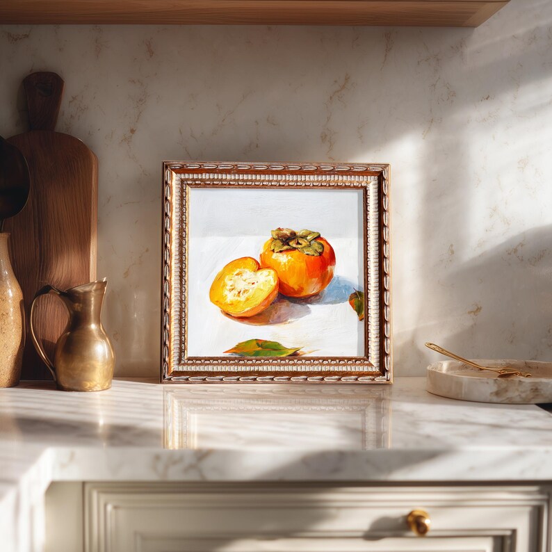 Still Life Persimmons Oil Painting: Kitchen Wall Art Decor, 5X5 Housewarming Gift