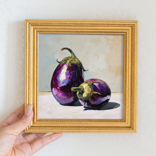 Still Life Eggplants Oil Painting: Kitchen Wall Art Decor, 5X5 Housewarming Gift