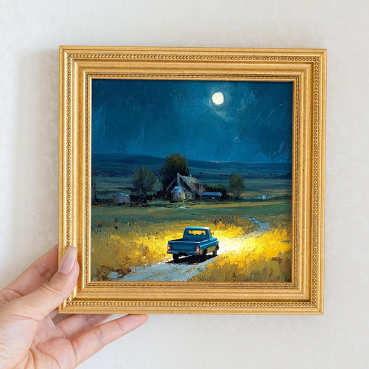 Hand-Painted Moonlit Country Road Oil Painting: Living Room Wall Art Decor, Housewarming Gift