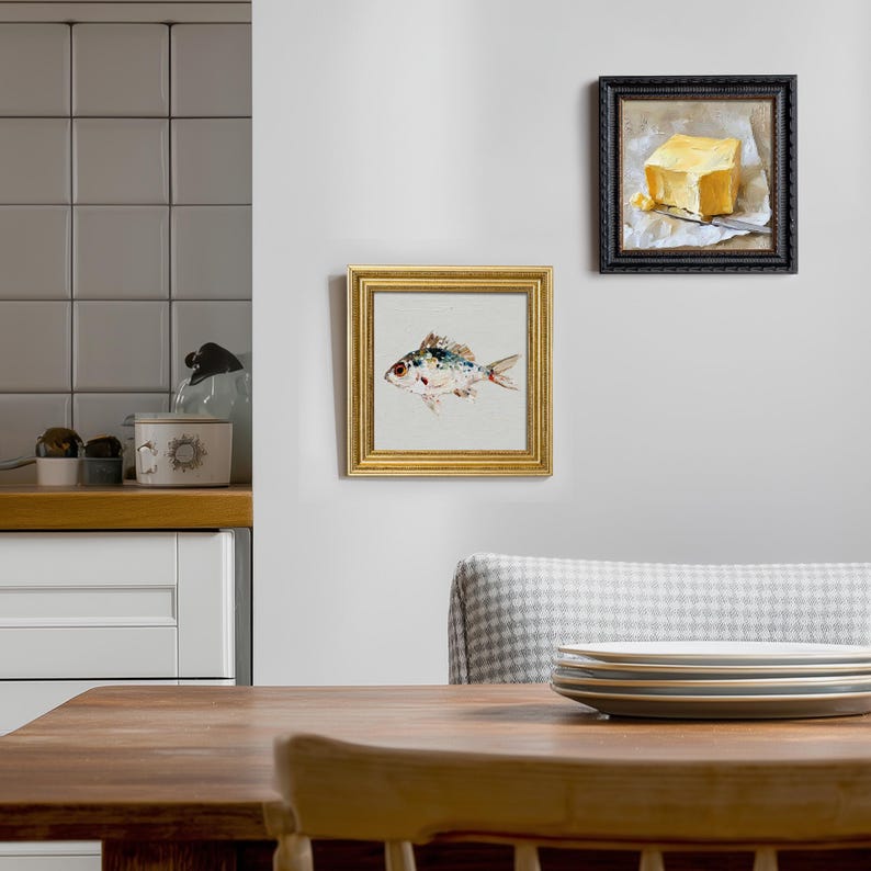 Still Life Fish Oil Painting: Kitchen Wall Art Decor, 5X5 Hand-Painted Housewarming Gift