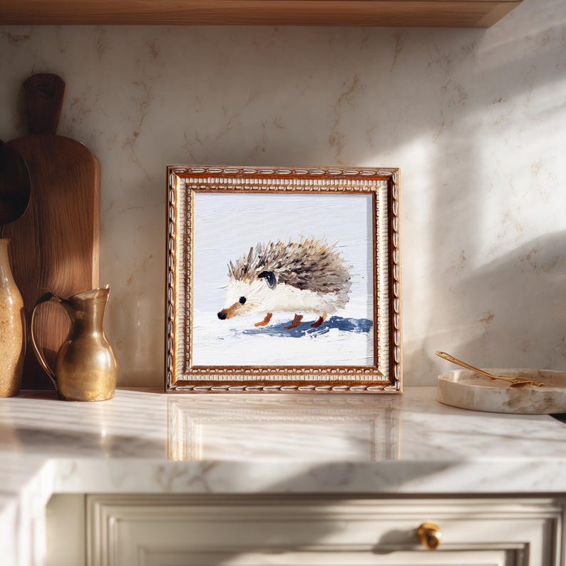 Hand-Painted Hedgehog Oil Painting: Living Room Wall Art Decor, 5X5 Housewarming Gift