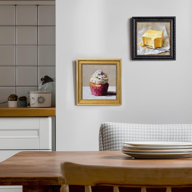 Still Life Cupcake Oil Painting: Kitchen Wall Art Decor, 5x5 Housewarming Gift