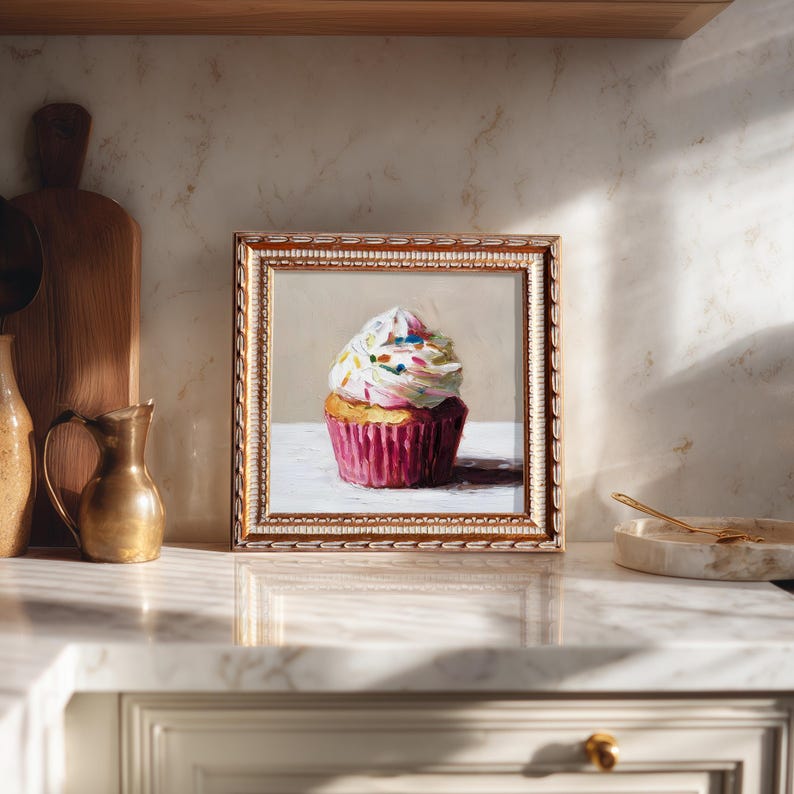 Still Life Cupcake Oil Painting: Kitchen Wall Art Decor, 5x5 Housewarming Gift
