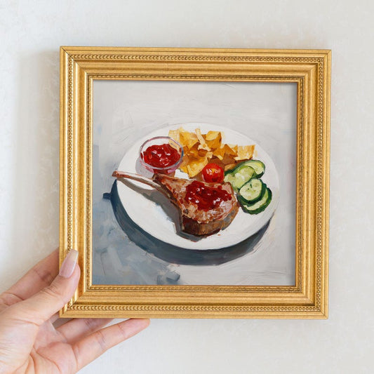 Still Life Steak Meal Oil Painting: Kitchen Wall Art Decor, 5X5 Housewarming Gift